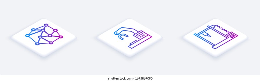 Set Isometric line Neural network, Robotic robot arm hand factory and 3D printer. White square button. Vector