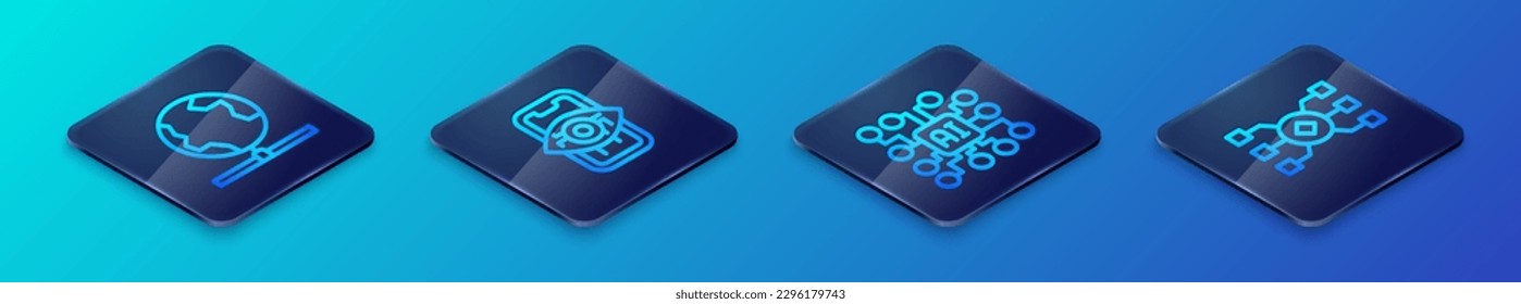 Set Isometric line Neural network, Global technology,  and Computer vision icon. Vector