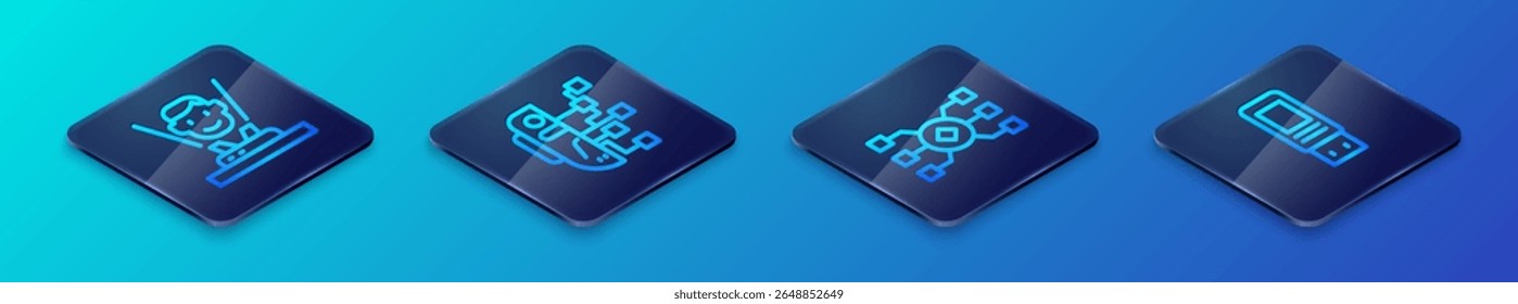 Definir linha isométrica Rede neural, Holograma, USB flash drive e Ícone de robô humanoide. Vetor