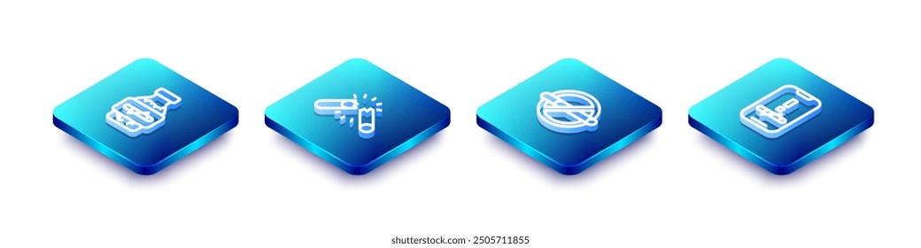 Set Isometric line Nicotine gum in blister pack, Broken cigarette, No smoking and  icon. Vector