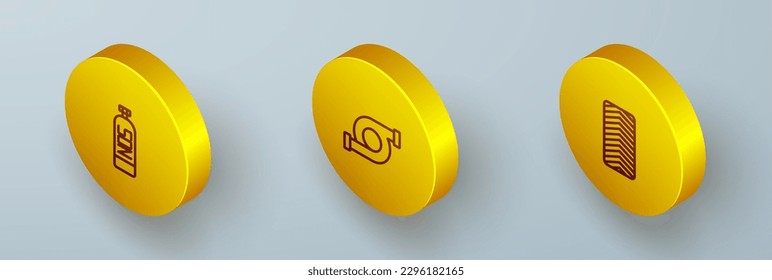 Set Isometric line Nitrous oxide, Automotive turbocharger and Car tire wheel icon. Vector