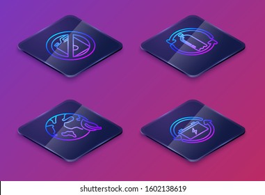 Set Isometric line No canister for gasoline, Earth globe and leaf, Recycling plastic bottle and Battery with recycle symbol. Blue square button. Vector