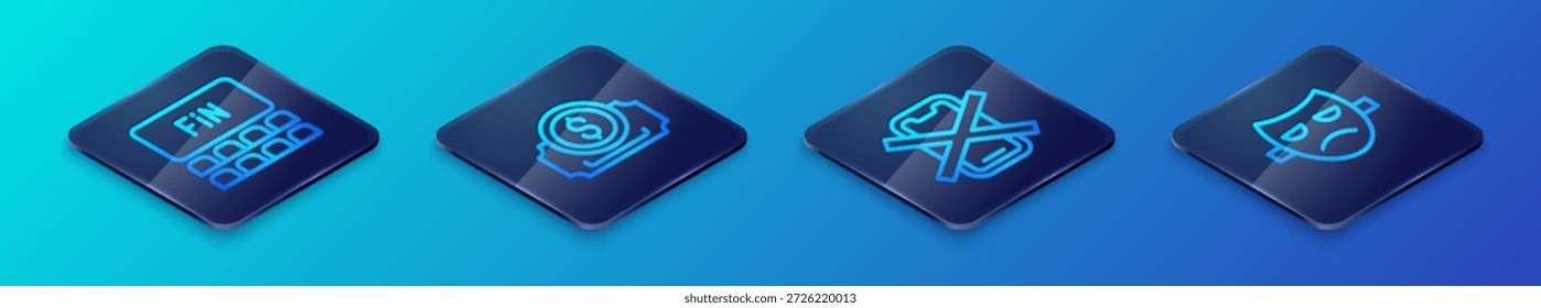 Set Isometric line No cell phone, Cinema auditorium with screen, Drama theatrical mask and ticket icon. Vector