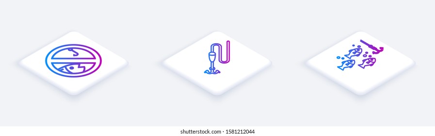 Set Isometric line No fishing, Fishing line with hook and float and Fishing hook under water with fish. White square button. Vector