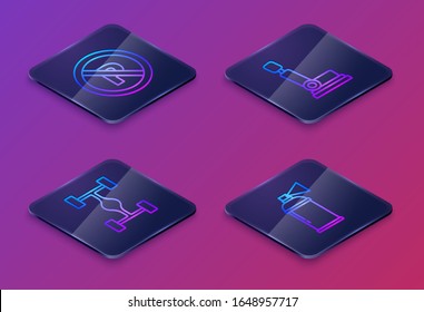 Set Isometric line No Parking or stopping, Chassis car, Car seat and Paint spray can. Blue square button. Vector