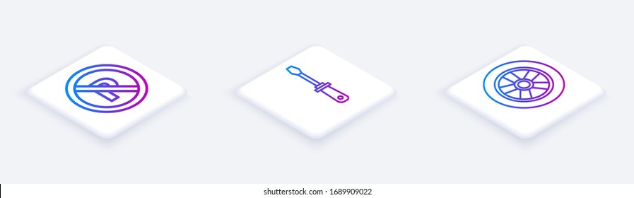 Set Isometric line No Parking or stopping, Screwdriver and Car wheel. White square button. Vector
