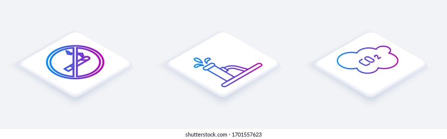 Set Isometric line No Smoking, Oil pump or pump jack and CO2 emissions in cloud. White square button. Vector