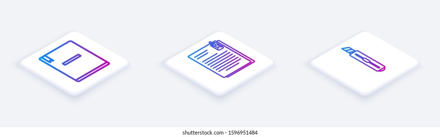 Set Isometric line Notebook, File document and paper clip and Stationery knife. White square button. Vector