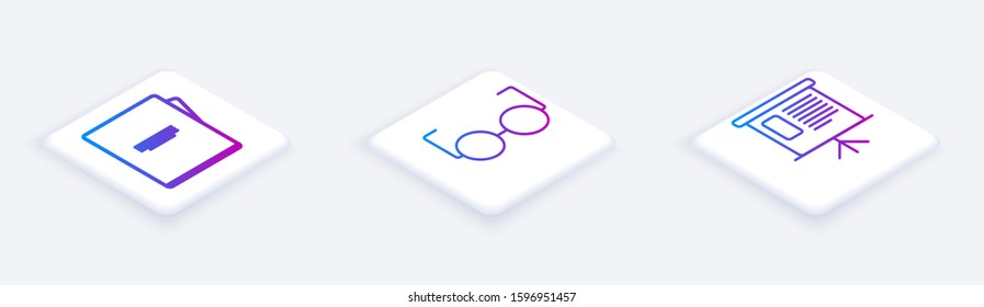 Set Isometric line Notebook, Glasses and Presentation financial board with graph, schedule, chart, diagram, infographic, pie graph. White square button. Vector