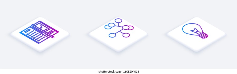 Set Isometric line Notebook, Molecule and Light bulb with concept of idea. White square button. Vector