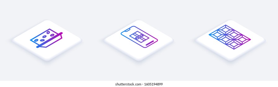 Set Isometric line Nougat with nuts, Smartphone with gift box and Chocolate bar. White square button. Vector