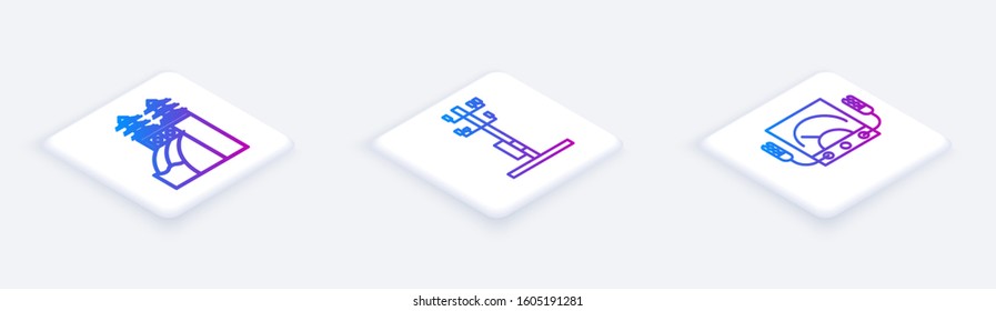 Set Isometric line Nuclear power plant, High voltage power pole line and Ampere meter, multimeter, voltmeter. White square button. Vector