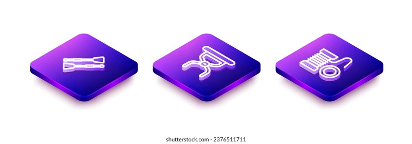 Set Isometric line Oars or paddles boat, Camping folding chair and Spinning reel for fishing icon. Vector