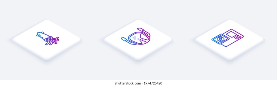 Set Isometric line Octopus, Diving mask and Action camera. White square button. Vector