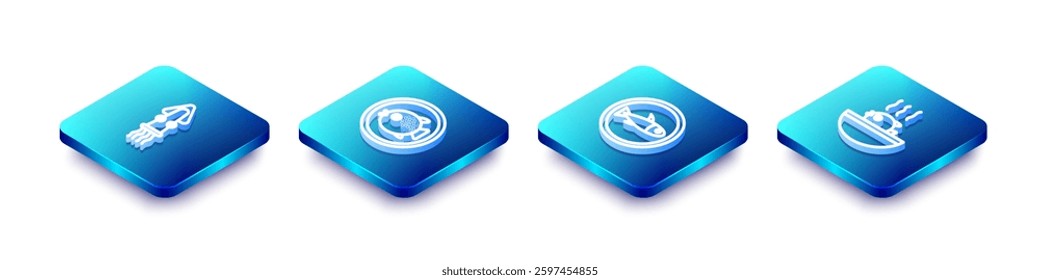 Set Isometric line Octopus, Puffer fish on a plate, Served and soup icon. Vector