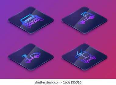 Set Isometric line Off road car, Scooter, Delivery cargo truck vehicle and Trolleybus. Blue square button. Vector