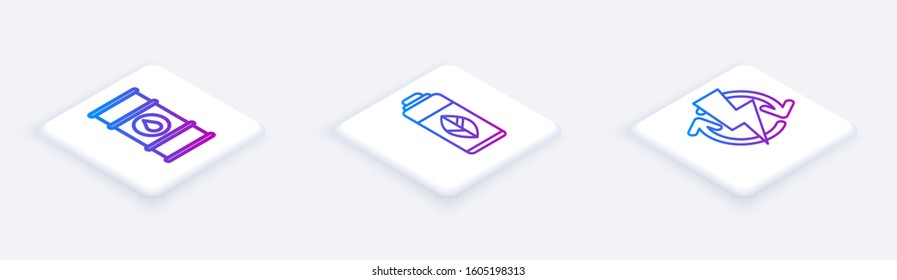 Set Isometric line Oil barrel line, Recycling plastic bottle and Recharging. White square button. Vector