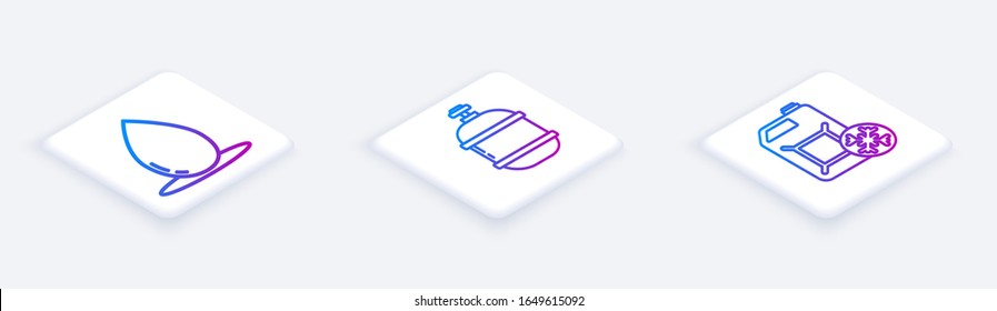 Set Isometric line Oil drop, Propane gas tank and Antifreeze canister. White square button. Vector