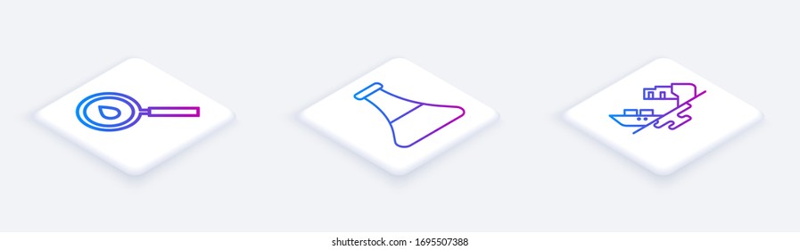 Set Isometric line Oil drop, Oil petrol test tube and Wrecked oil tanker ship. White square button. Vector