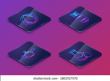 Set Isometrische Linie Öltropfen, Behälter für Motormaschinenöl, Propanengasbehälter und Öl-Benzin-Prüfrohr. Blauer Quadrat-Knopf. Vektorgrafik