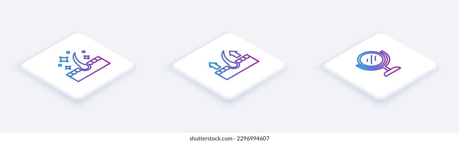 Set Isometric line Oil for hair care treatment, Human follicle and Hand mirror. White square button. Vector
