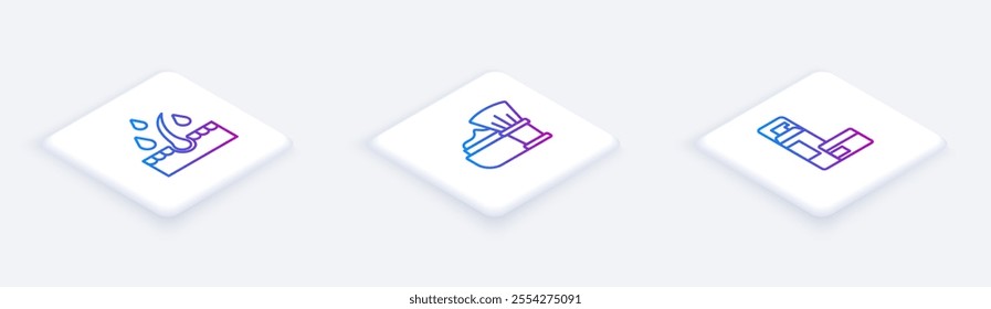 Set Isometric line Oil for hair care treatment, Shaving brush with foam and gel. White square button. Vector