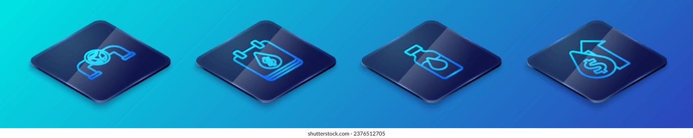 Set Isometric line Oil petrol test tube, pipe with valve, price increase and drop dollar symbol icon. Vector
