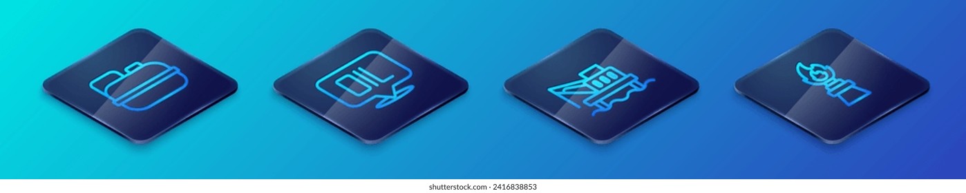 Set Isometric line Oil platform in the sea, Canister gasoline, rig with fire and Word oil icon. Vector