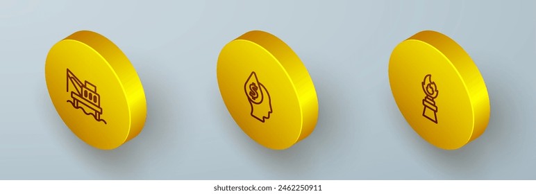 Set Isometric line Oil platform in the sea, drop with dollar symbol and rig fire icon. Vector