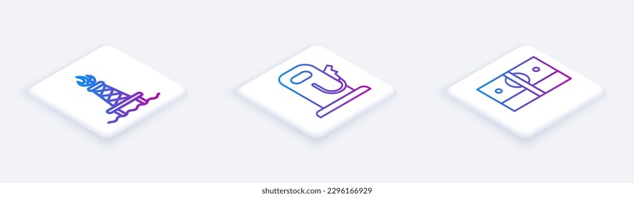 Coloca la línea isométrica plataforma petrolífera con fuego, gasolinera o gasolinera y apaga dinero en efectivo. Botón cuadrado blanco. Vector