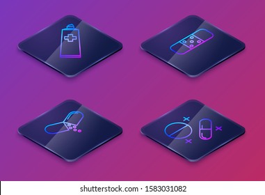 Set Isometric line Ointment cream tube medicine, Medicine pill or tablet, Bandage plaster and Medicine pill or tablet. Blue square button. Vector