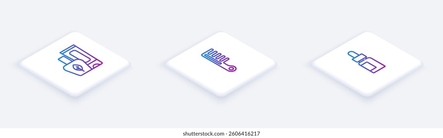 Set Isometric line Ointment cream tube, Hairbrush and Essential oil bottle. White square button. Vector