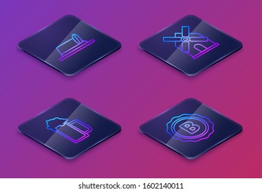 Set Isometric line Oktoberfest hat, Glass of beer, Windmill and Bottle cap with inscription beer. Blue square button. Vector
