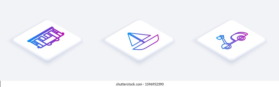 Set Isometric line Old city tram, Yacht sailboat or sailing ship and Scooter. White square button. Vector