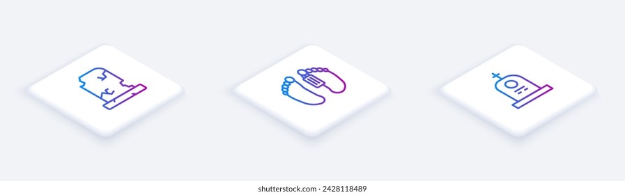 Set Isometric line Old grave with tombstone, Dead body and Grave. White square button. Vector