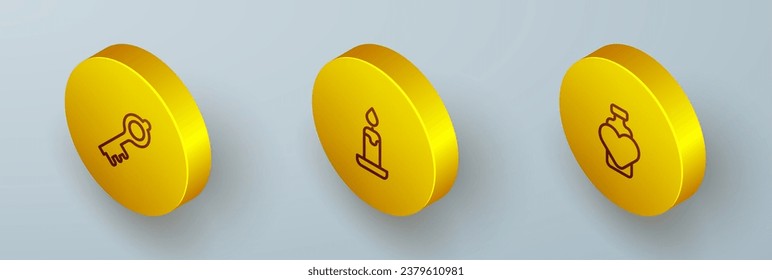 Set Isometric line Old magic key, Burning candle and Bottle with love potion icon. Vector