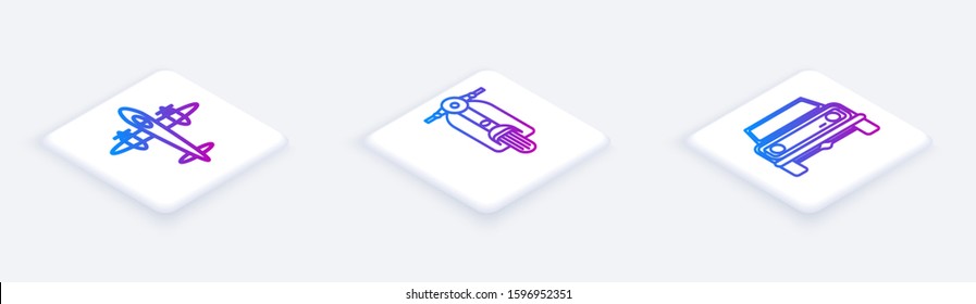 Set Isometric line Old retro vintage plane, Scooter and Off road car. White square button. Vector