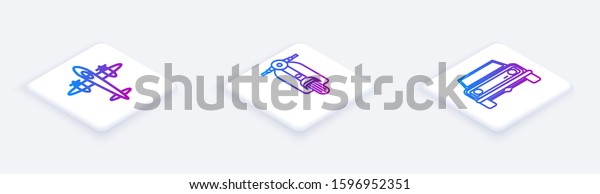 Set Isometric line Old retro\
vintage plane, Scooter and Off road car. White square button.\
Vector