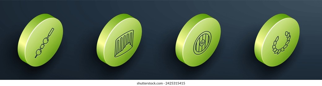 Set Isometric line Olive and cheese on chopstick, Ancient column, Greek shield and Laurel wreath icon. Vector