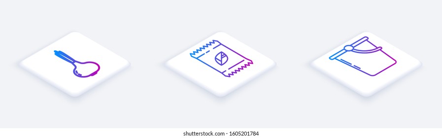Set Isometric line Onion, A pack full of seeds of a specific plant and Bucket. White square button. Vector