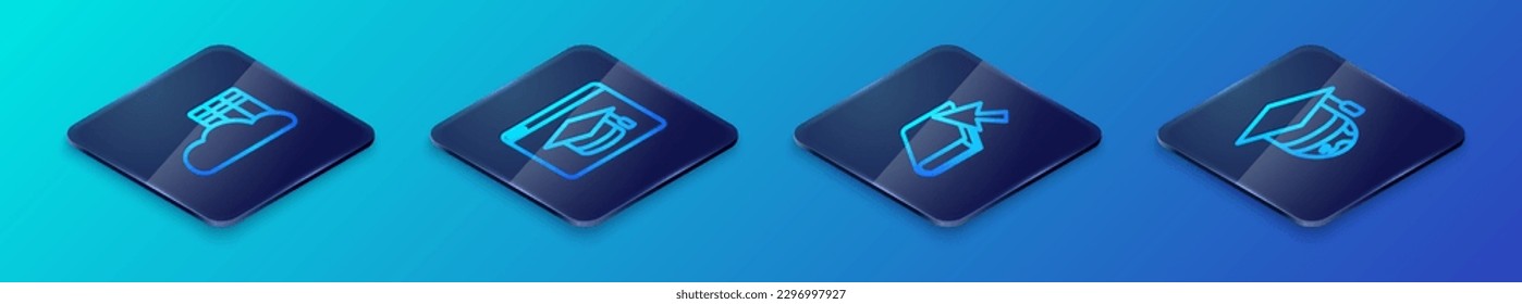 Set Isometric line Online book, Cloud or online library, Graduation cap globe and education icon. Vector