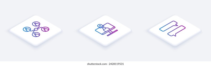 Establecer línea isométrica Clase en línea, videoconferencia y la burbuja de voz. Botón cuadrado blanco. Vector