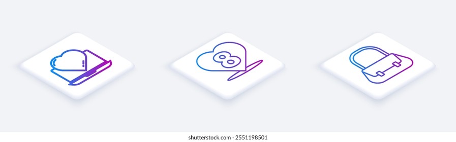 Set Isometric line Online dating app and chat, Heart with 8 March and Handbag. White square button. Vector