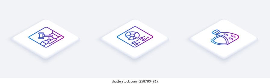 Set Isometric line Online internet auction, Pie chart infographic and Shield and money bag. White square button. Vector