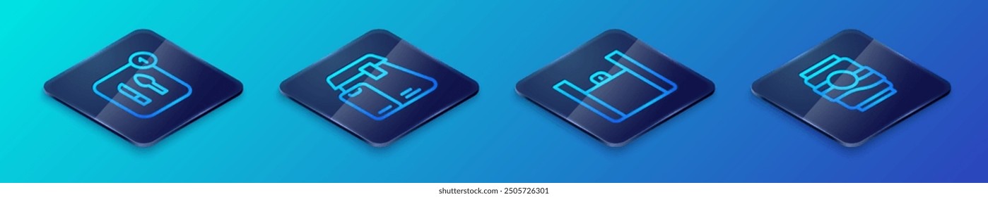 Set Isometric line Online ordering food, Food, Soda can and  icon. Vector