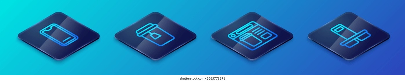 Definir linha isométrica Online encomendar comida, Comida no celular, Xícara de café para ir e ícone de chá de xícara. Vetor