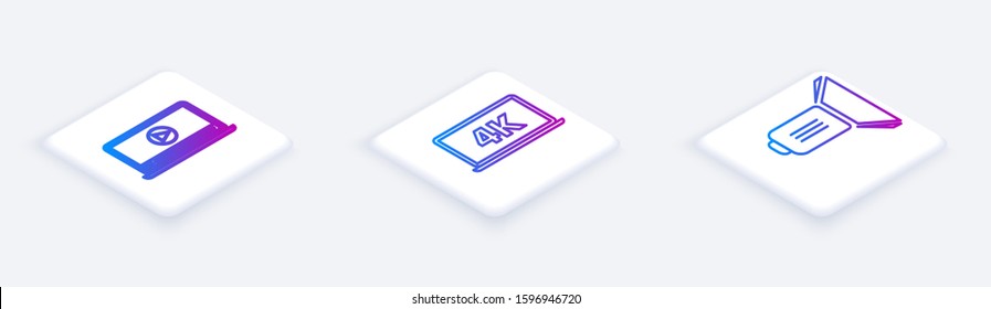 Set Isometric line Online play video , Laptop screen with 4k video technology  and Movie spotlight . White square button. Vector