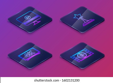 Set Isometric line Online play video , Screen tv with 4k Ultra HD video technology , Movie trophy  and Play Video . Blue square button. Vector