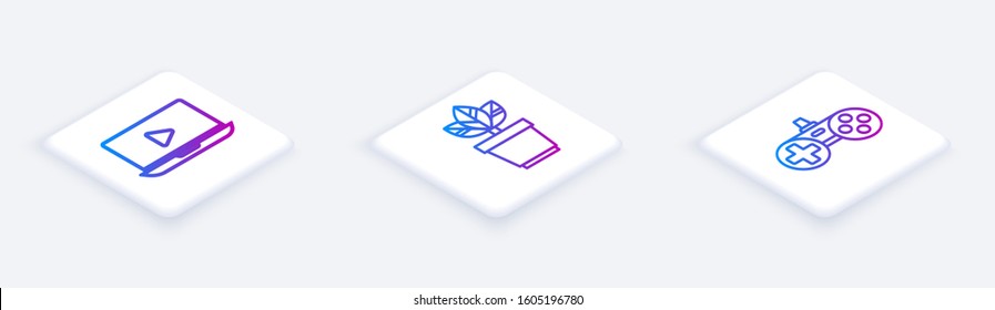 Set Isometric line Online play video, Flowers in pot and Gamepad. White square button. Vector