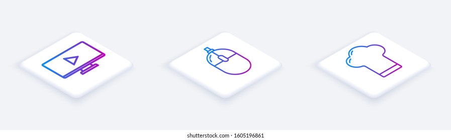 Set Isometric line Online play video, Computer mouse and Chef hat. White square button. Vector